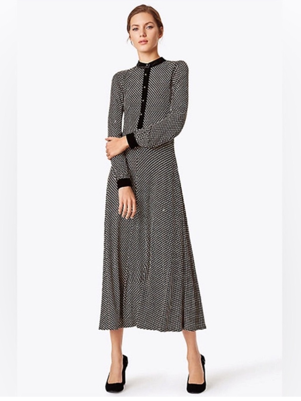 Tory Burch Anja Midi Dress Black Velvet Jazz Dot Long Sleeve Small $598